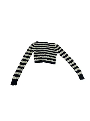 Striped Cropped Button-Front Cardigan in Black and Cream thumbnail 6
