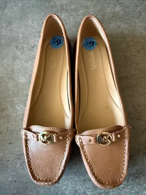 MICHAEL Michael Kors Chestnut Brown Leather Moccasin Flats with Gold MK Hardware thumbnail 1