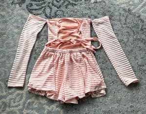 Lucy In The Sky Off Shoulder Long Sleeve Lace Up Romper Pink Small thumbnail 4