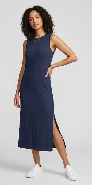 NEW Garnet Hill Sleeveless Rib Knit Midi Dress Organic Cotton Tencel Navy XS thumbnail 1