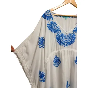 Melissa Odabash Irene Embroidered‎ Rayon Kaftan White Blue Fringe OS thumbnail 3