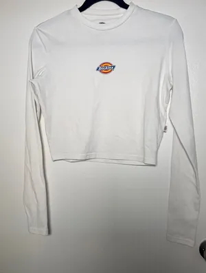 Dickies White Cropped Crewneck Tee with Black Logo Print Womens Medium thumbnail 1