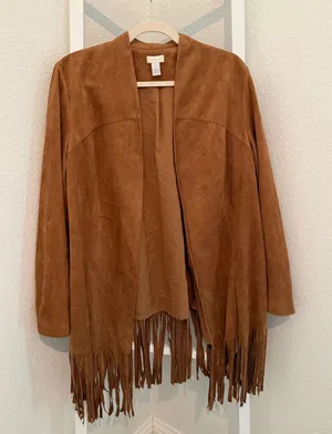 Chico’s Brown Faux Suede Fringe Jacket Size 2 Western Boho Open Front thumbnail 1