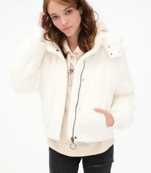 NWT Aeropostale White Size Large Faux Fur Hooded Jacket thumbnail 1