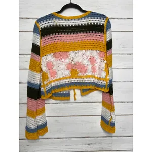 POL Crochet Tie Front Cardigan Floral Lace Striped Boho Sweater Medium thumbnail 3