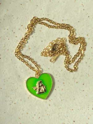 gold tone stainless steel angel cherub green heart goth cute chic antique style necklace👼💗 thumbnail 3