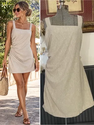 Abercrombie & Fitch Linen Blend Asymmetrical Ruched Square Neck Dress XL🧡🎀 thumbnail 2
