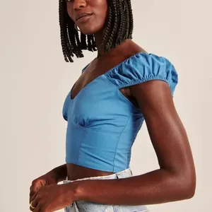 Abercrombie & Fitch Cap Sleeve Poplin Crop Top Women’s Small Royal Blue Smocked thumbnail 2