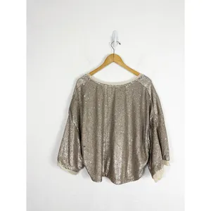 Free People Champagne Dreams Tee Small Neutral Gold Sequin Oversized Cropped thumbnail 12