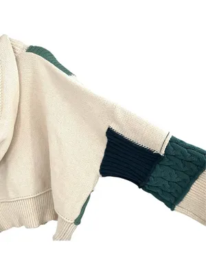 POL Colorblock Knit Hoodie Sweater Patchwork Beige Green Navy Size Small thumbnail 4