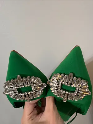 Zara Kelly Green Satin Slingback Flats Sparkle Crystal Gem 40 Pointed Toe thumbnail 4