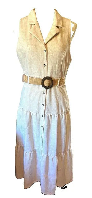 Love Tree Women's Beige Sleeveless Button-Front Belted Midi Shirt Dress M boho thumbnail 1