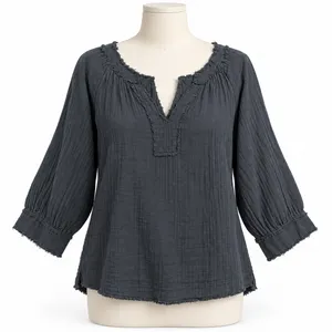 Natural Life Size M Top Robyn Double Gauze Cotton Fringe Split Neck Boho Blouse thumbnail 2
