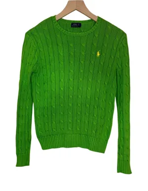 POLO RALPH LAUREN Women's S Crew Neck Cable Knit Cotton Sweater Lime Green Flaw thumbnail 1