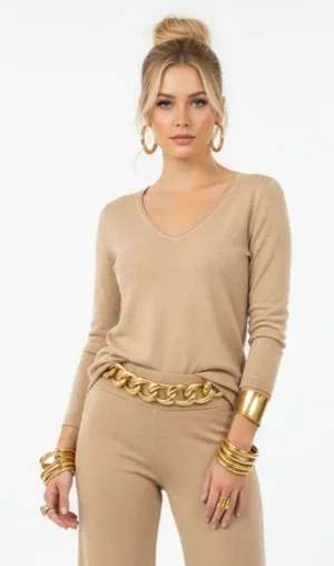 Anthropologie Angel of The North Tan Knit Long Sleeve V Neck Sweater S thumbnail 1