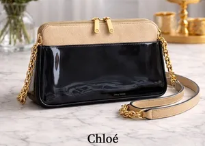 Authentic Chloé Lucy Two-Tone Leather Shoulder Bag Beige & Black Patent Leather thumbnail 1