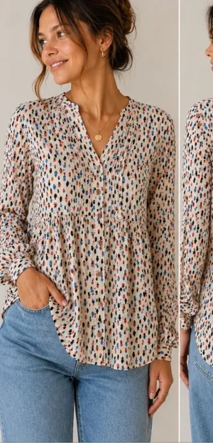 Maeve Anthropologie Printed Pintuck Tunic Blouse Boho Peasant Top US 10 thumbnail 1