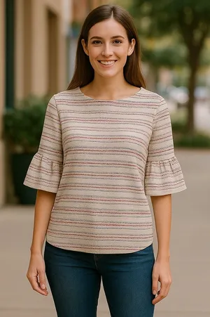 Max Studio Striped Bell Sleeve Top Cream Red Black Textured Size Medium NWT thumbnail 1