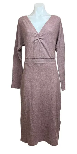 Anthropologie Eri+Ali Pink Knit V-neck Midi Long Sleeve Boho Sweater Dress Sz M thumbnail 1