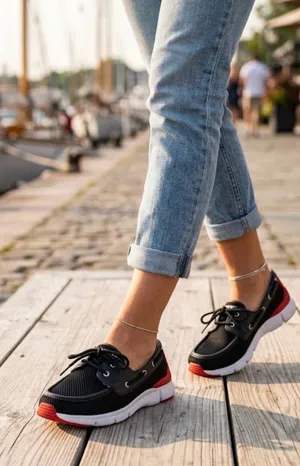 Hunter Women’s Black Mesh Sneakers with Red Accents thumbnail 1