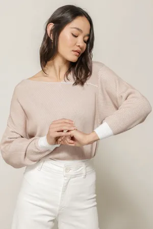 Line & Dot Favorite Off the Shoulder Sweater in Ivory &Taupe XS thumbnail 4