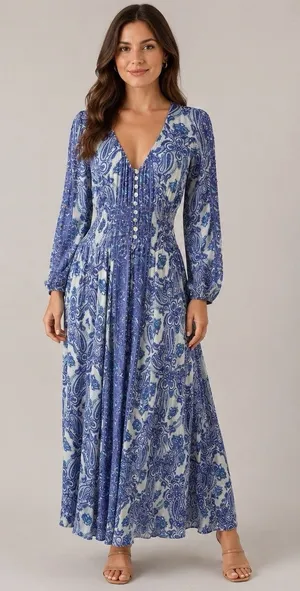 Z&L Boho Paisley Maxi Dress Small Smocked Waist Button Front Purple Green Resort thumbnail 1