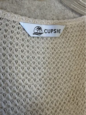 CUPSHE Wrap Waffle Knit Top Sheer Sleeve With Poms Beige Women’s Small thumbnail 2
