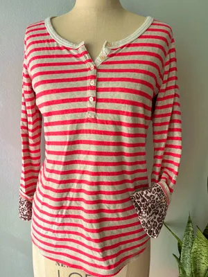 Maison Scotch• Hot Pink & Cream Striped/Leopard Print Henley• Sz 2 thumbnail 1