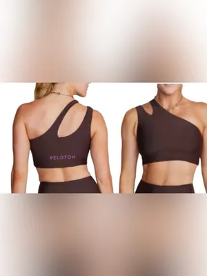 PELOTON Women's Chocolate Brown Asymmetric Cropped Sports Bra with Purple Logo thumbnail 10