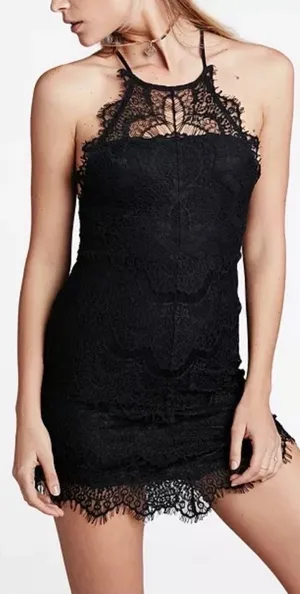 Free People Shes Got It Lace Mini Dress L Black Halter Button Back NWT OB518210 thumbnail 1