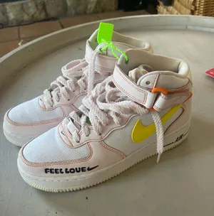 Nike Kids High-Top Sneakers in White with Yellow Swoosh and Neon Accents thumbnail 1