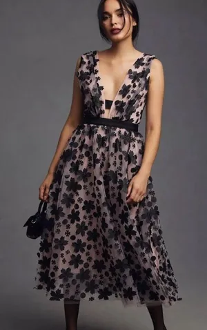 Anthropologie 3D Black Floral Printed Tulle Dress Size: 4 thumbnail 1