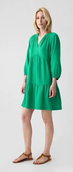 GAP Green V-Neck Crinkle Gauze Tiered Mini Women's Dress Size XXL thumbnail 1
