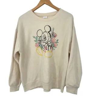 Disney Mickey Mouse Sweatshirt Women 2XL‎ Cream Floral Embroidered Pullover Crew thumbnail 1