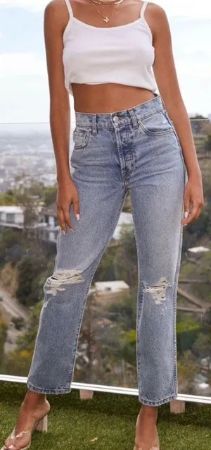 Revice Denim Frontrunner High Rise Distressed Straight Leg Jeans Grand Prix Light Wash thumbnail 1
