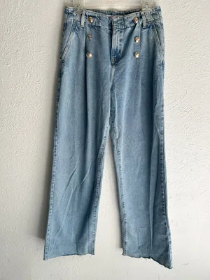 ZARA High Rise Sailor Button Wide Leg Jeans Raw Hem Light Wash US 6 thumbnail 2