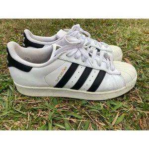 Adidas Superstar White Black Striped Sneakers‎ 9.5 Classic Streetwear Quiet Luxe thumbnail 4