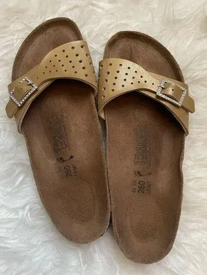 Birkenstock Birkis Sandals Womens Size 9 Gold Rhinestone Buckle Slides thumbnail 1