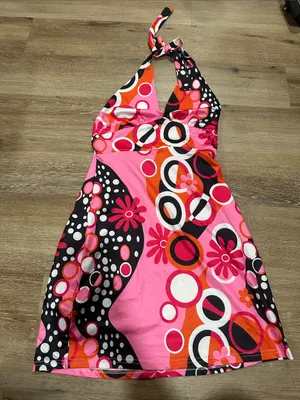 Women’s Pink Floral & Circle Print Halter open back retro dress costume thumbnail 1