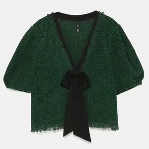 Tweed Puff Sleeve Bow Tie Front V-Neck Blouse Top thumbnail 1