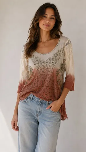 Gimmick by BKE Womens Medium Patchwork Floral Plaid Lace Cutout Top Rust Green thumbnail 1