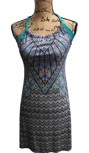Prana Boho‎ Halter Dress Chevron Paisley Print Blue Straps Summer Beach S thumbnail 1