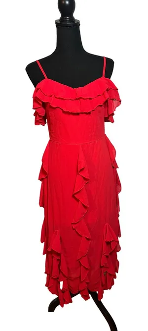 EillyBazar Red Ruffle Cold Shoulder Midi Dress Adjustable Straps Fairy Holiday thumbnail 1