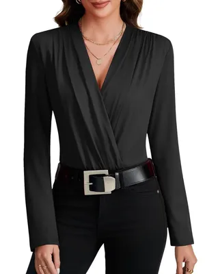 LYANER Women's Wraped V Neck Ruched Long Sleeve Leotard Bodysuit Top XL thumbnail 1