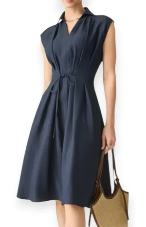 NWT OGL Viscose Linen Collared V-neck Midi Dress Drawstring Denim Navy Small thumbnail 1