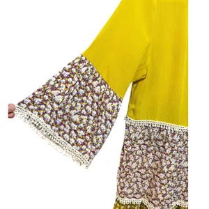 Umgee USA Mustard Yellow Floral Boho Mixed Print Tunic‎ Top Crochet Lace Medium thumbnail 8