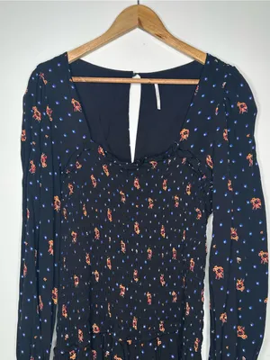 Free People Two Faces Smocked Mini Dress Black Floral Long Sleeve Large thumbnail 6