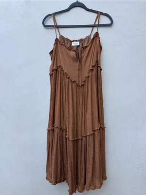 Marlowe Sirena Maxi Dress Brown Boho Ruffle Tiered Crinkle Gauze M thumbnail 4