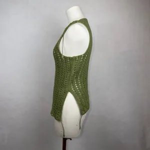 Handmade Crochet Tank Top Women Small Green Open Knit Boho Festival Goblincore thumbnail 2
