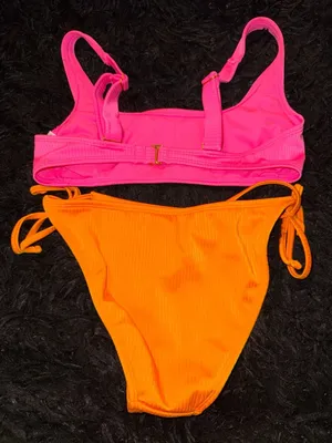 Wild Fable Ribbed Bikini Set Pink Top Size S Orange Bottom Size XS thumbnail 2